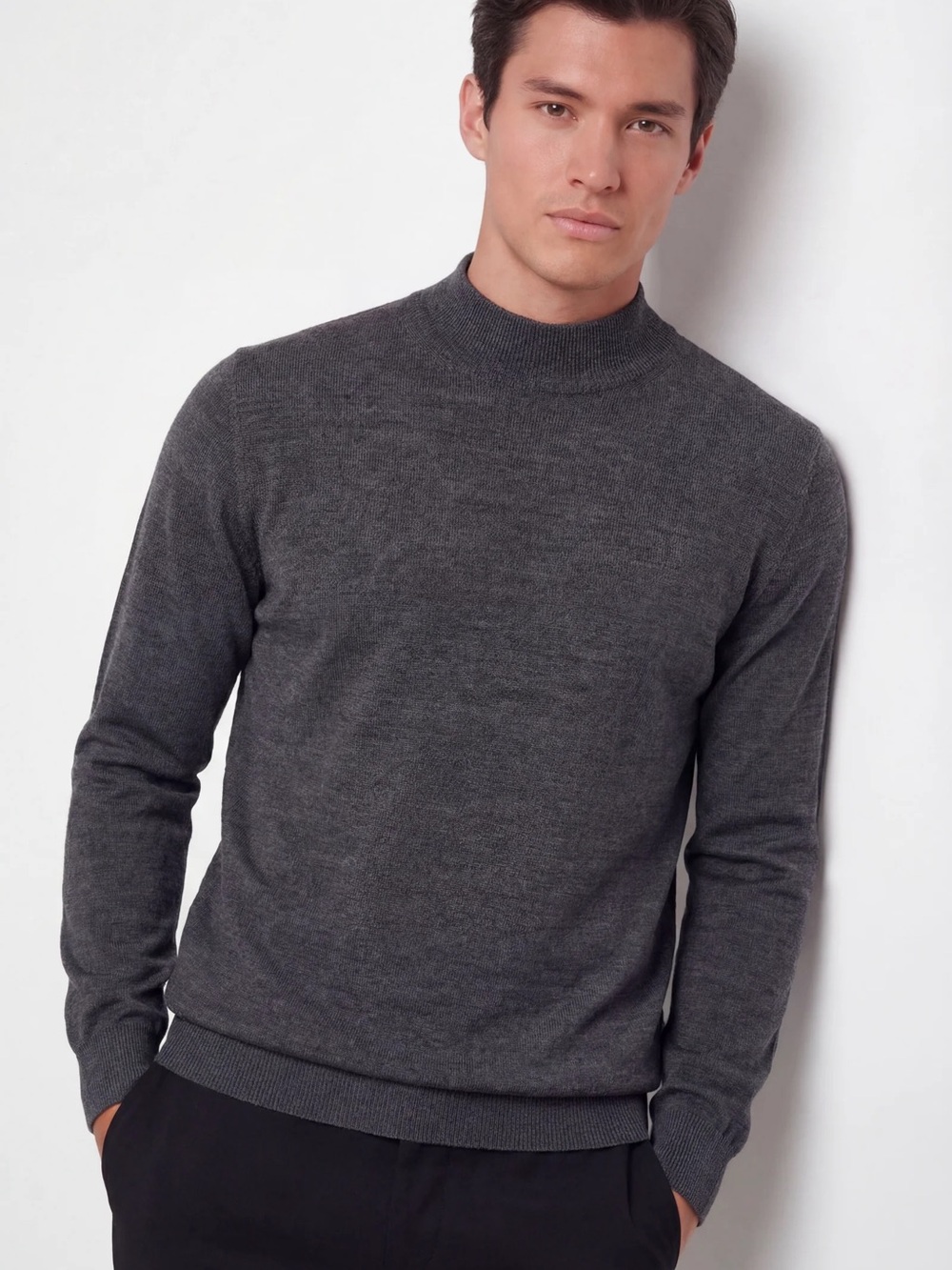 Black Brown 1826 Men’s 100% Merino Wool Mock Neck Sweater Gray Made in Italy
